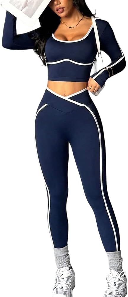 Workout Sets for Women Long Sleeve Crop Top and Leggings
