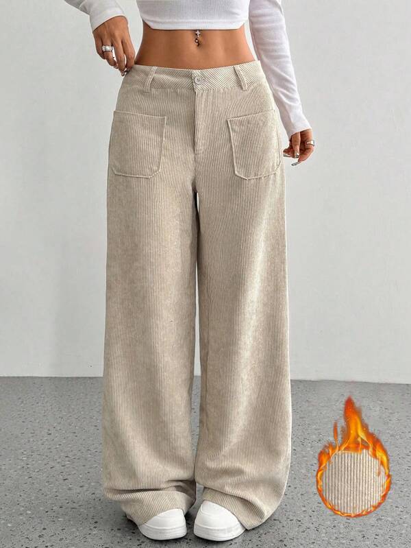 Solid color front button pocket simple corduroy loose straight pants Solid color front button pocket simple corduroy loose straight pants