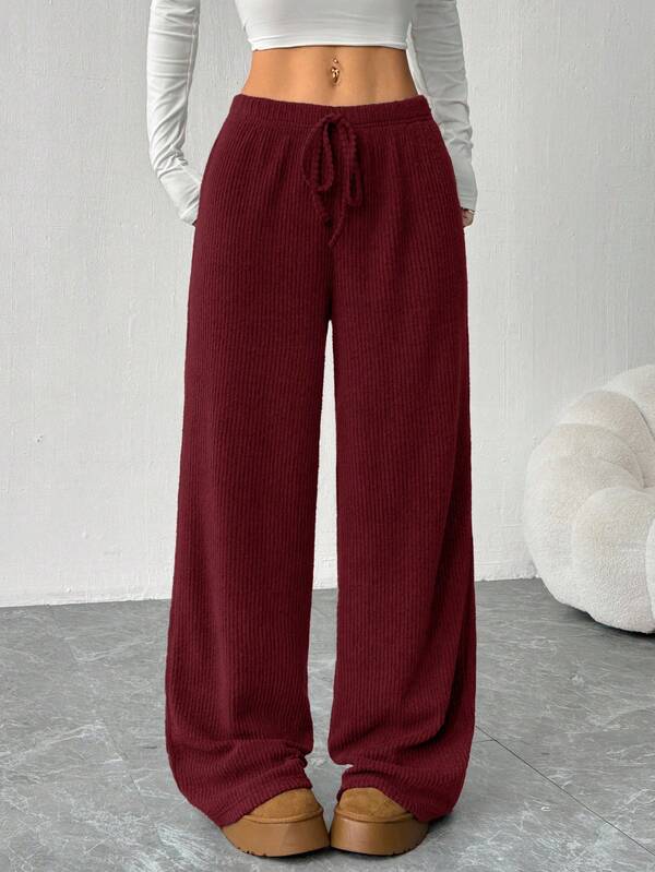 Women's casual solid color loose ribbed knitted pants comfortable wide leg pants burgundy wide leg pants wide leg knitted pants women's wide leg pants wide leg sweatpants comfortable pants burgundy pants women's wide leg pants, autumn, women's autumn clot