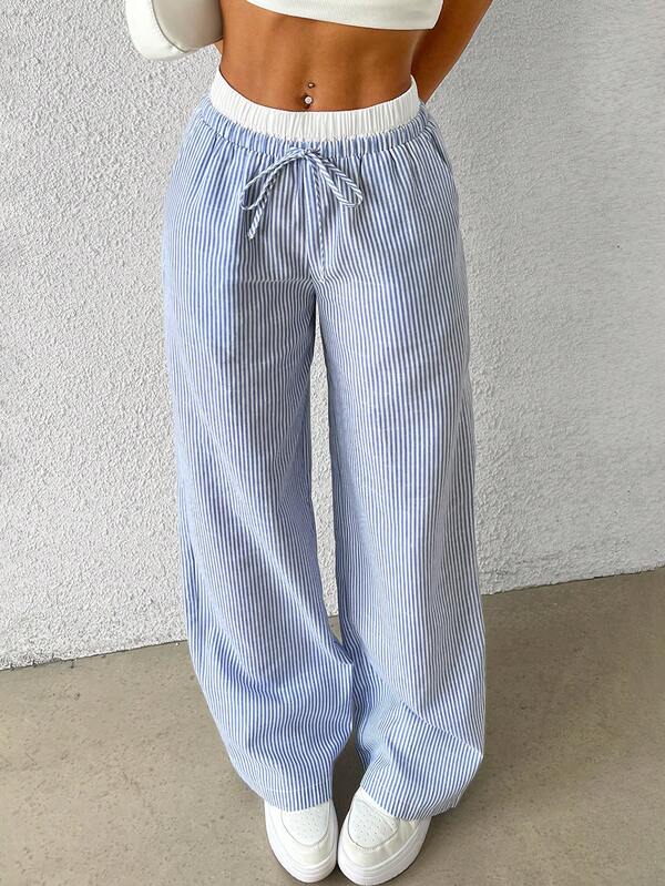 Women's blue striped fabric wide trousers, loose fit casual trousers Women's blue striped fabric wide trousers, loose fit casual trousers