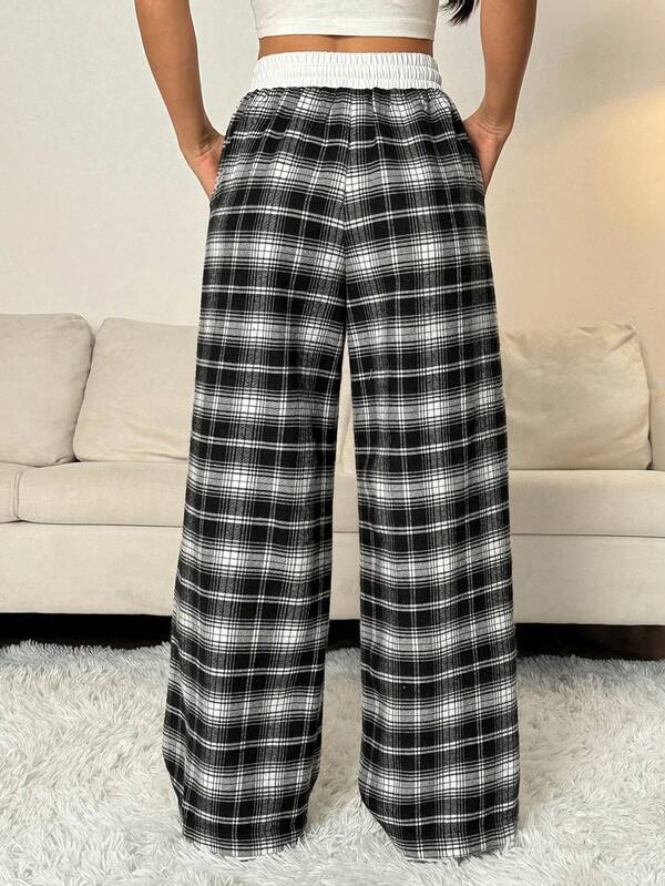 Women's four-season basic daily casual street plaid color-blocked low-waisted loose plaid wide-leg pants, autumn women's clothing Women's four-season basic daily casual street plaid color-blocked low-waisted loose plaid wide-leg pants, autumn women's clothing
