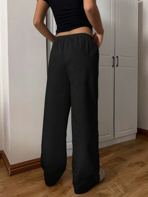 Women's Black Woven Casual Wide Leg Pants
