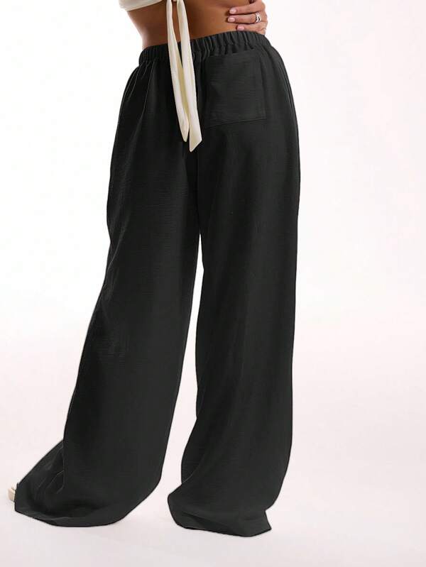 Linen texture lace-up waist pants, suitable for vacation, summer, elegant beachwear, bohemian casual style, airport casual style, spring holiday Linen texture lace-up waist pants, suitable for vacation, summer, elegant beachwear, bohemian casual style, airport casual style, spring holiday