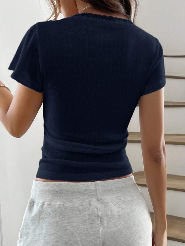 Sweet Lace Short Sleeve T-Shirt Women's Summer New Slim Fit 3 Button Front Half Sleeve Top Sweet Lace Short Sleeve T-Shirt Women's Summer New Slim Fit 3 Button Front Half Sleeve Top