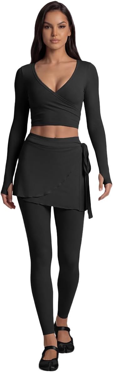 Workout Yoga Sets for Women Long Sleeve Wrap Top and Leggings with Tie Skirt Workout Yoga Sets for Women Long Sleeve Wrap Top and Leggings with Tie Skirt
