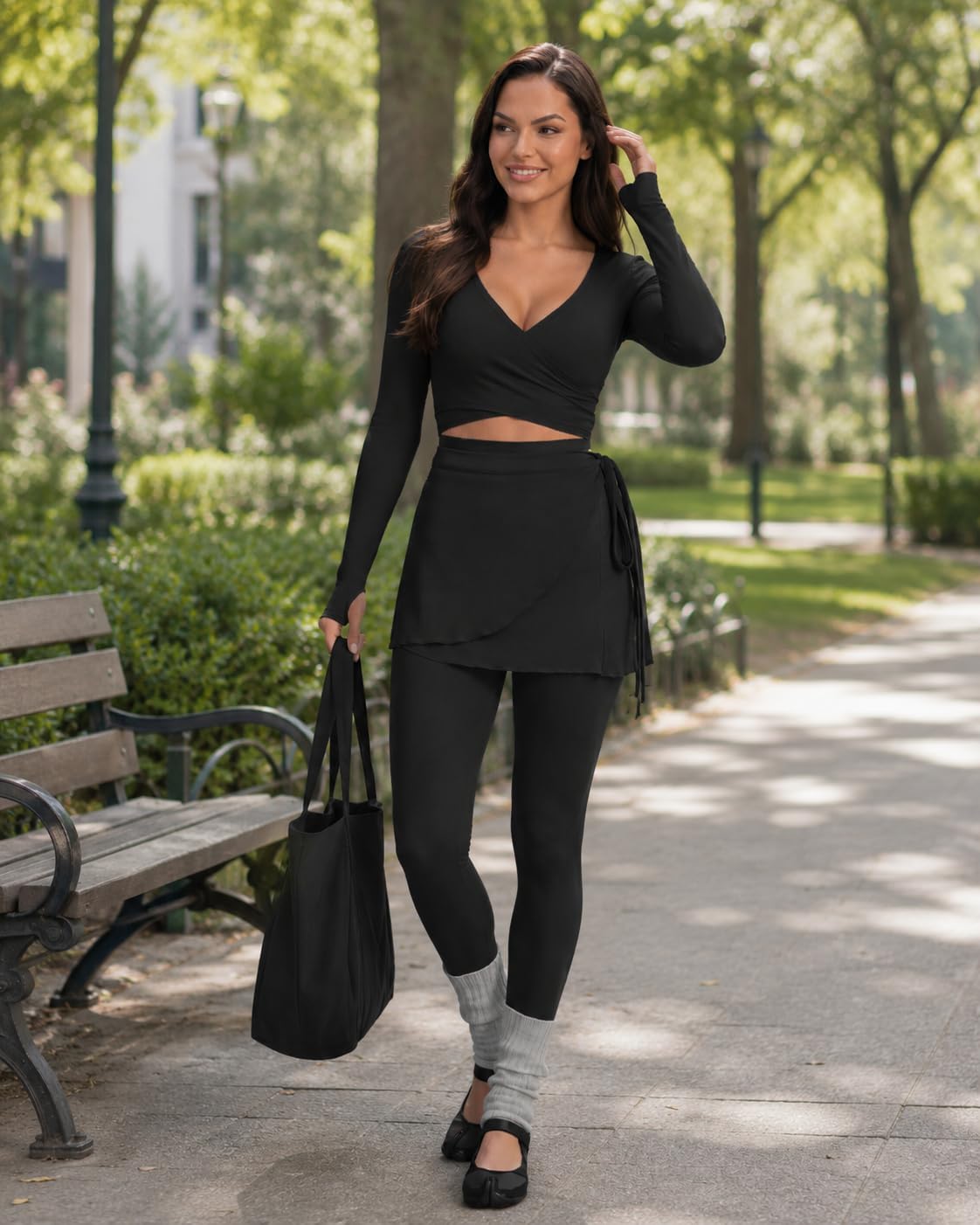 Workout Yoga Sets for Women Long Sleeve Wrap Top and Leggings with Tie Skirt Workout Yoga Sets for Women Long Sleeve Wrap Top and Leggings with Tie Skirt