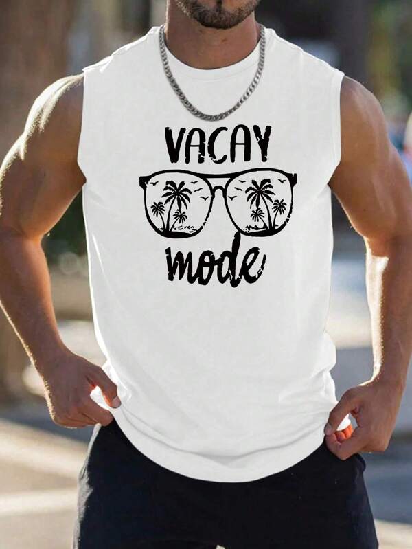 Men's Summer Lettering and Palm Tree Print Sleeveless Casual Tank Top Men's Summer Lettering and Palm Tree Print Sleeveless Casual Tank Top